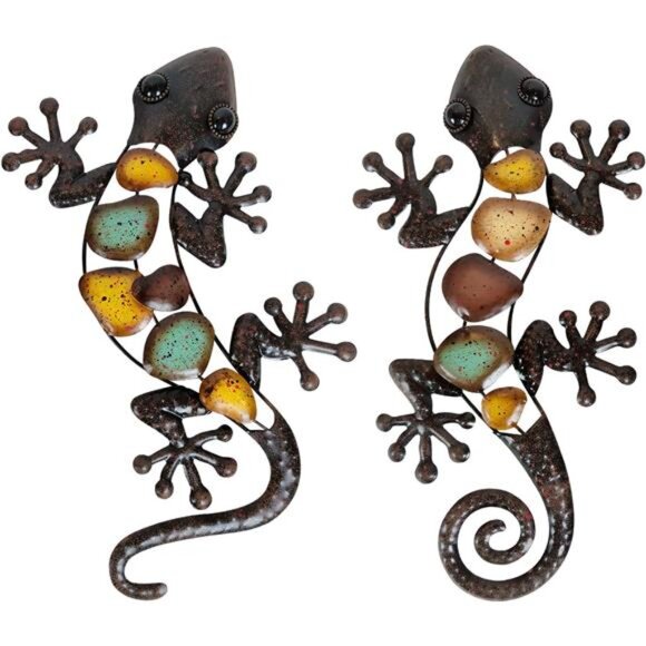 Metal Gecko Wall Decor Large 2 Pack, Outdoor Lizard Wall Art, Metal Lizards Wall